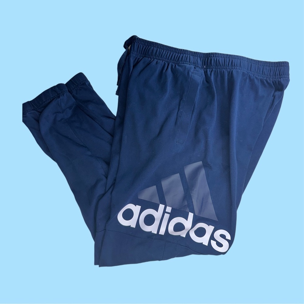 Adidas Mens Sweatpants Size L Navy Blue Logo Tapered Leg Side Pockets